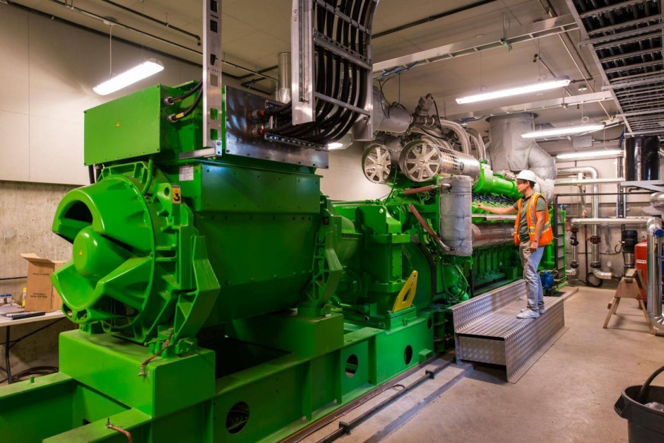 Presently running on renewable natural gas (ie., gas from landfills), this engine produces both electricity and natural gas for the UBC Vancouver Campus